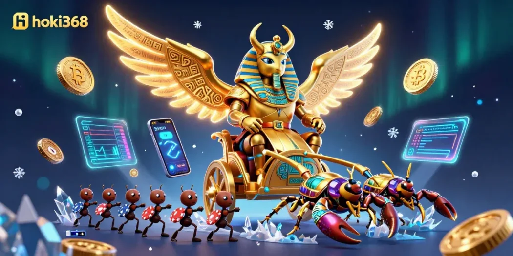 Experience winning excitement with hoki368, a dynamic casino scene featuring golden scarab beetles and poker elements.