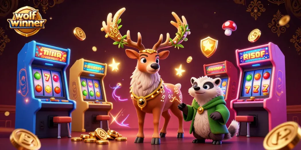 wolfwinner's vibrant scene showcases a Celtic druid stag surrounded by arcade games and slot elements, celebrating gaming.