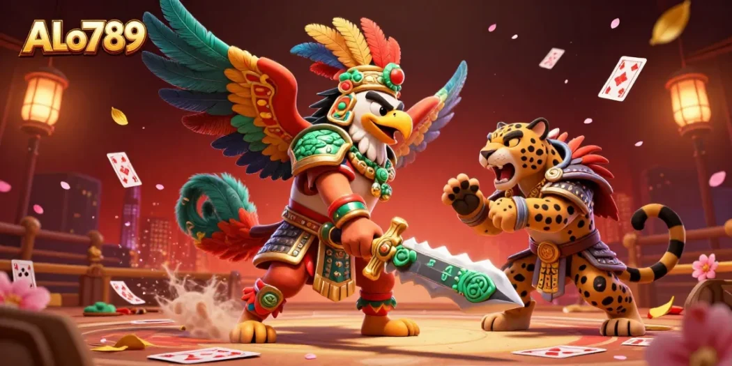 Engage in thrilling cockfighting action with ALo789's vibrant, dynamic arena featuring warriors and game elements.