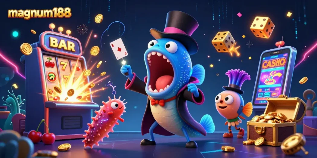 Win big with magnum188 themed 3D casino illustration showcasing fun characters and vibrant jackpot elements.