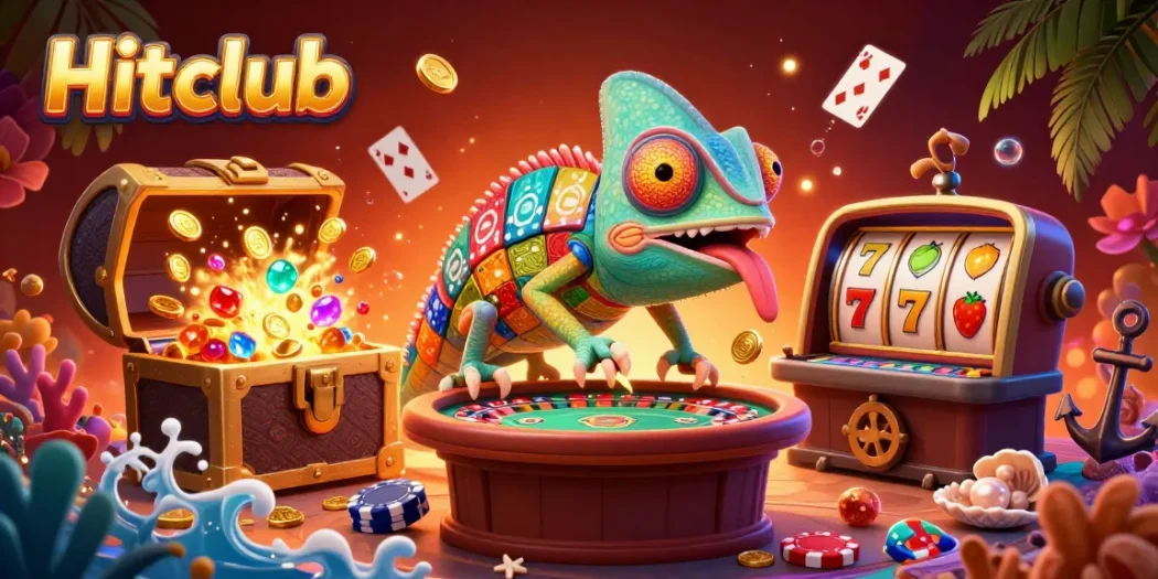 Experience gaming thrill at Hitclub with colossal chameleon casino owner and vibrant slot reels.
