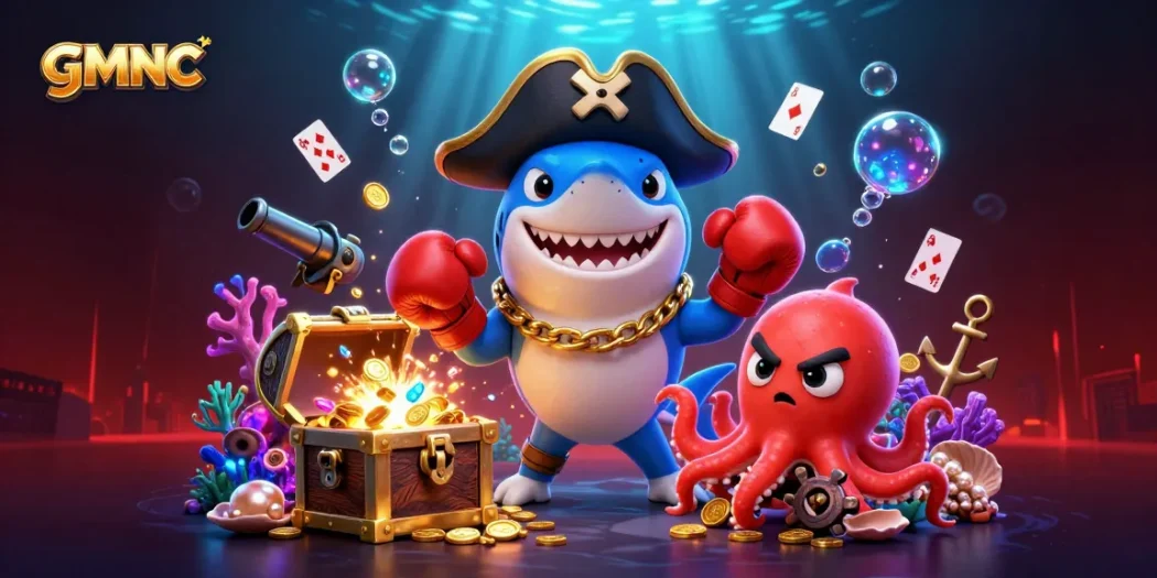 Engage with gmnc's dynamic underwater gambling scene featuring a shark captain, pufferfish boxer, and coin-holding octopus.
