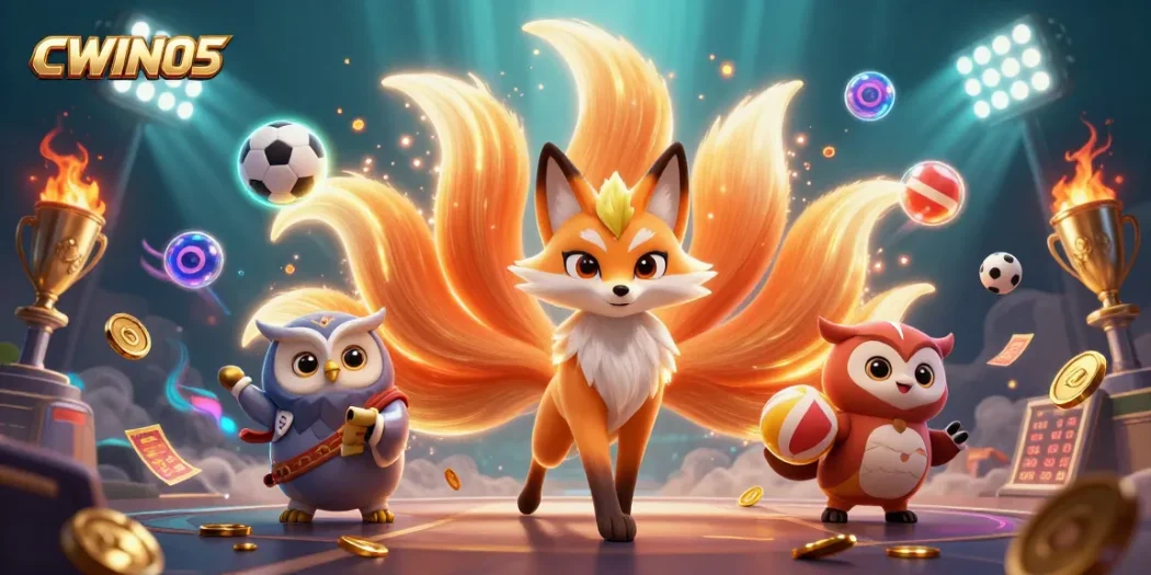 Exciting CWIN05 gaming scene with a glowing nine-tailed fox, wise owl, and vibrant sports balls in a casino backdrop.