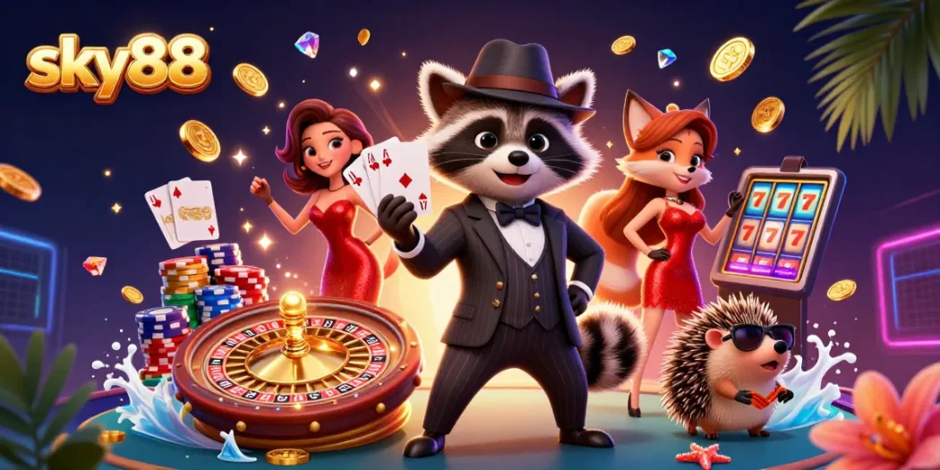 Engage with thrilling casino action at sky88 as a suave raccoon flaunts a royal flush while surrounded by sparkling gems and vibrant game elements.