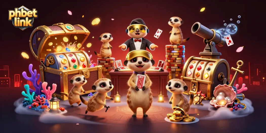 Experience thrilling gaming action with phbet link amidst a vibrant casino atmosphere featuring meerkats.