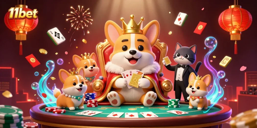 Experience the thrill of poker with the 11bet royal corgi on his golden throne.