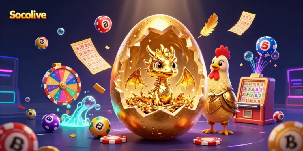 Socolive showcases golden dragon on poker chips amidst dynamic lottery elements in vibrant 3D.
