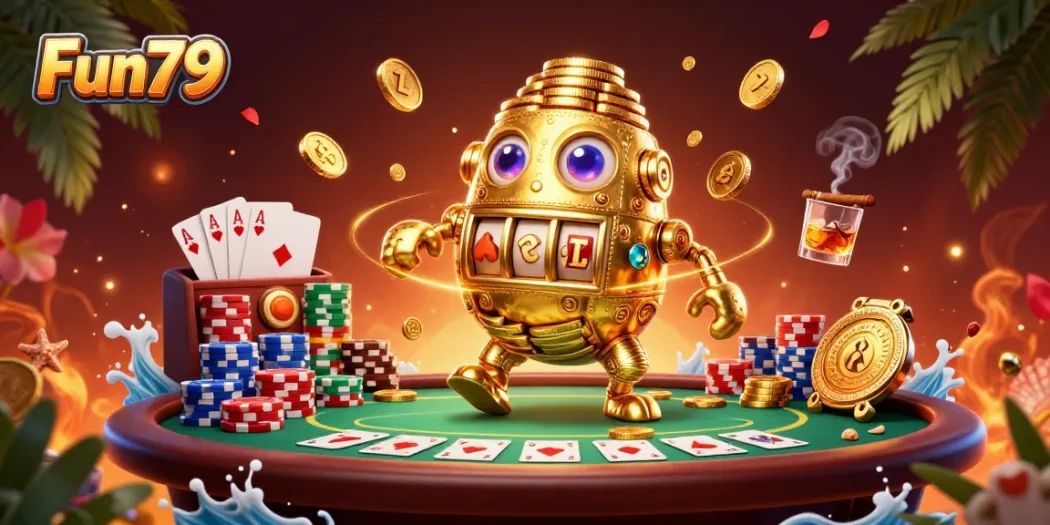 Experience the thrill of Fun79 with a vibrant casino scene featuring a golden golem and poker elements.